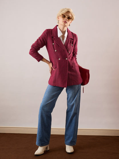 Women Maroon Tweed Double-Breasted Blazer