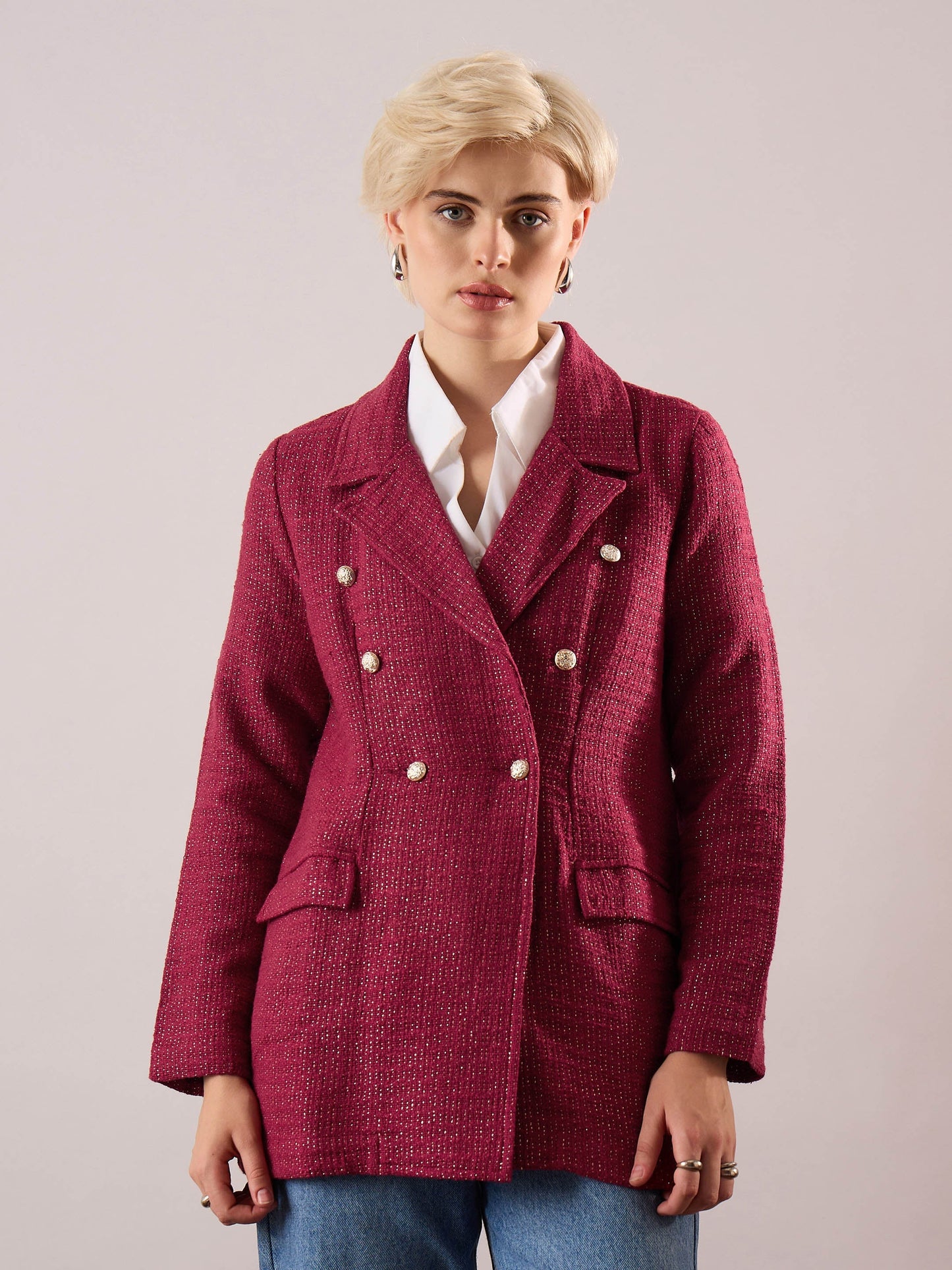Women Maroon Tweed Double-Breasted Blazer