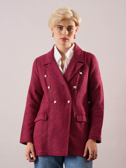 Women Maroon Tweed Double-Breasted Blazer