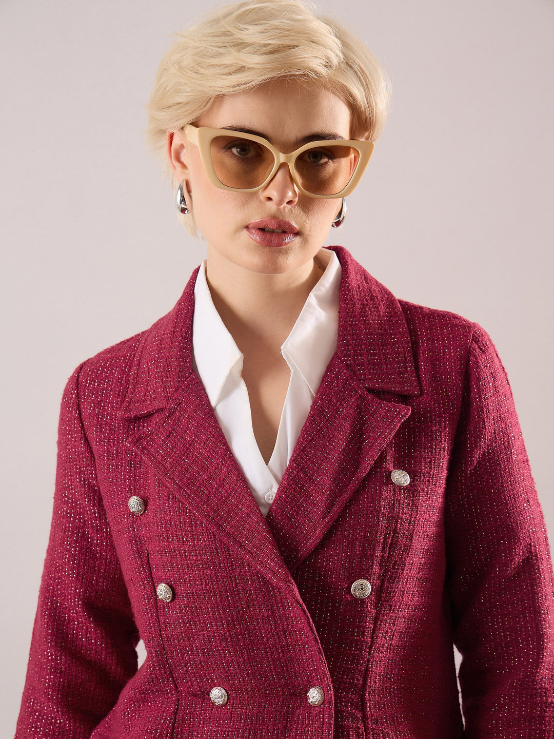 Women Maroon Tweed Double-Breasted Blazer
