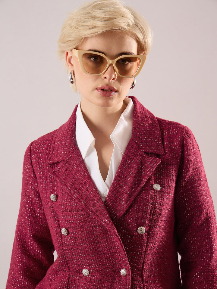 Women Maroon Tweed Double-Breasted Blazer