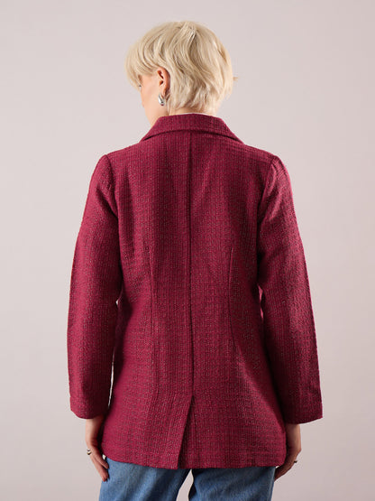 Women Maroon Tweed Double-Breasted Blazer