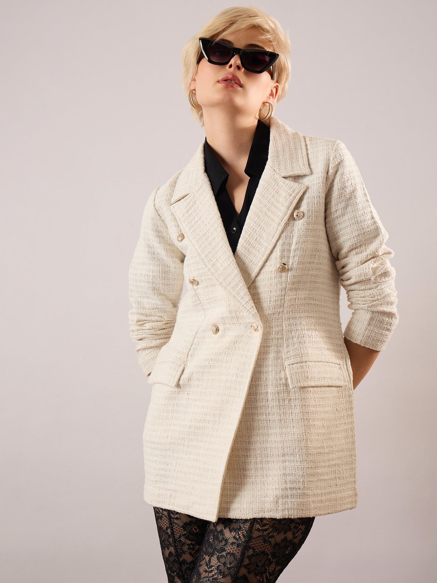 Women White Tweed Double-Breasted Blazer