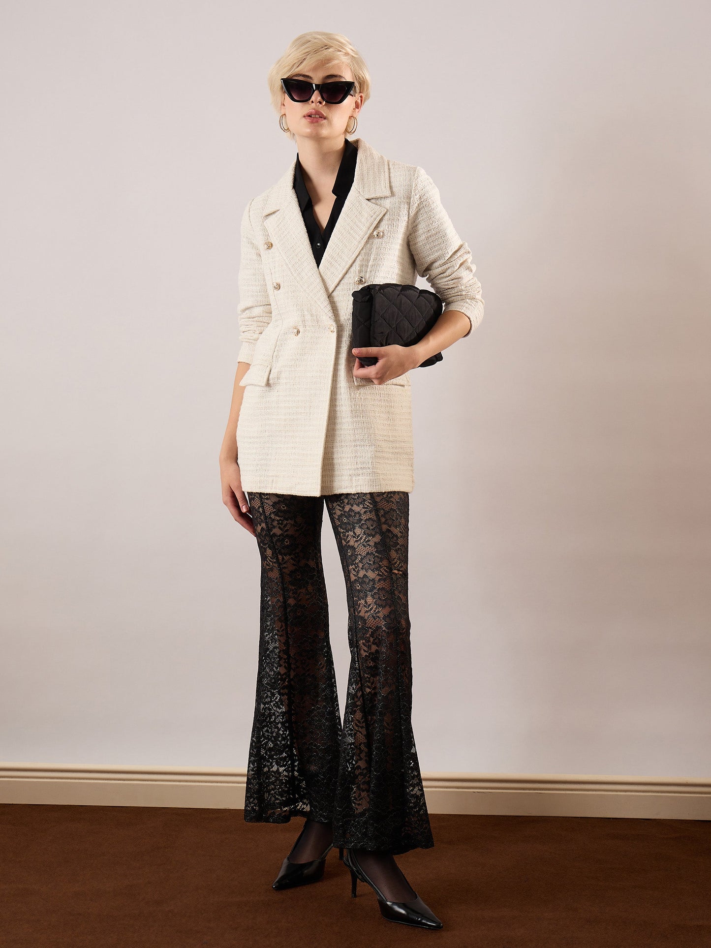 Women White Tweed Double-Breasted Blazer