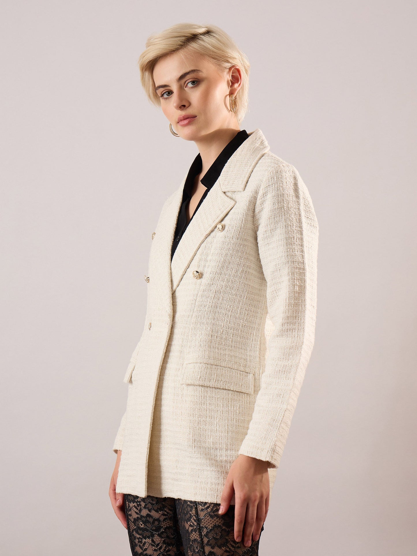 Women White Tweed Double-Breasted Blazer