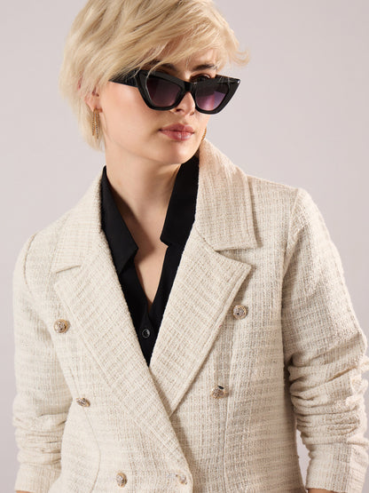 Women White Tweed Double-Breasted Blazer