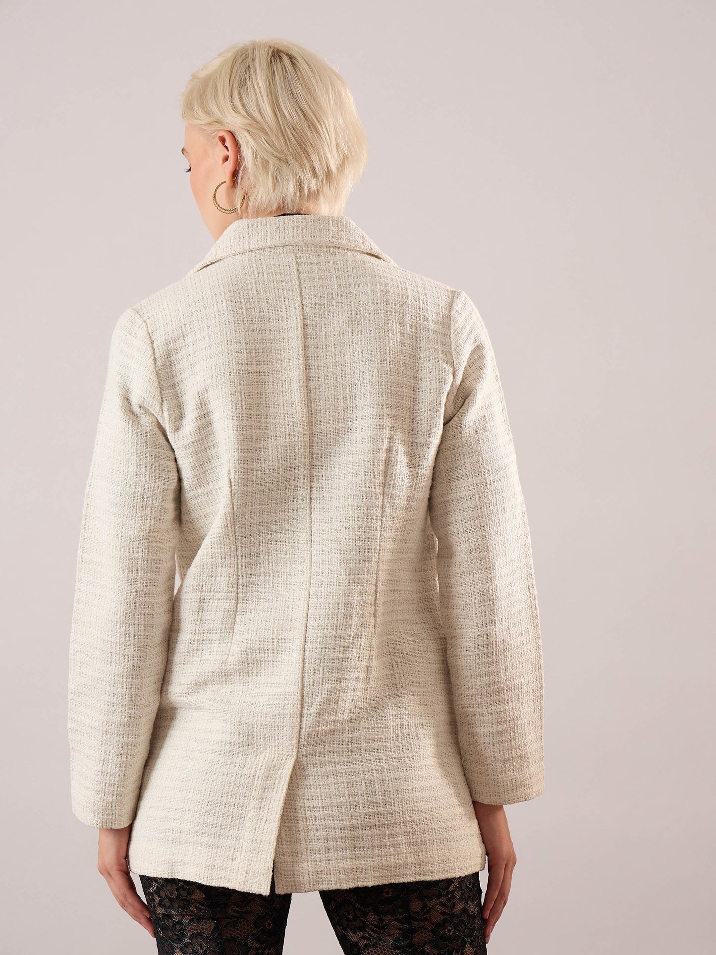 Women White Tweed Double-Breasted Blazer
