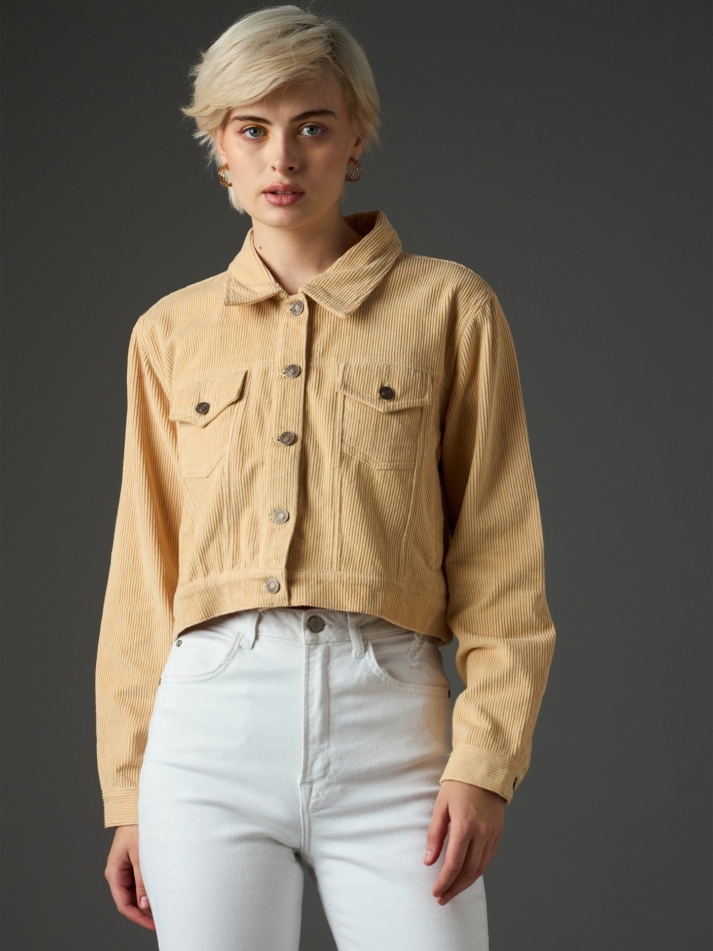Women Light Beige Corduroy Boxy Crop Jacket