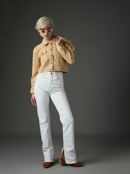 Women Light Beige Corduroy Boxy Crop Jacket