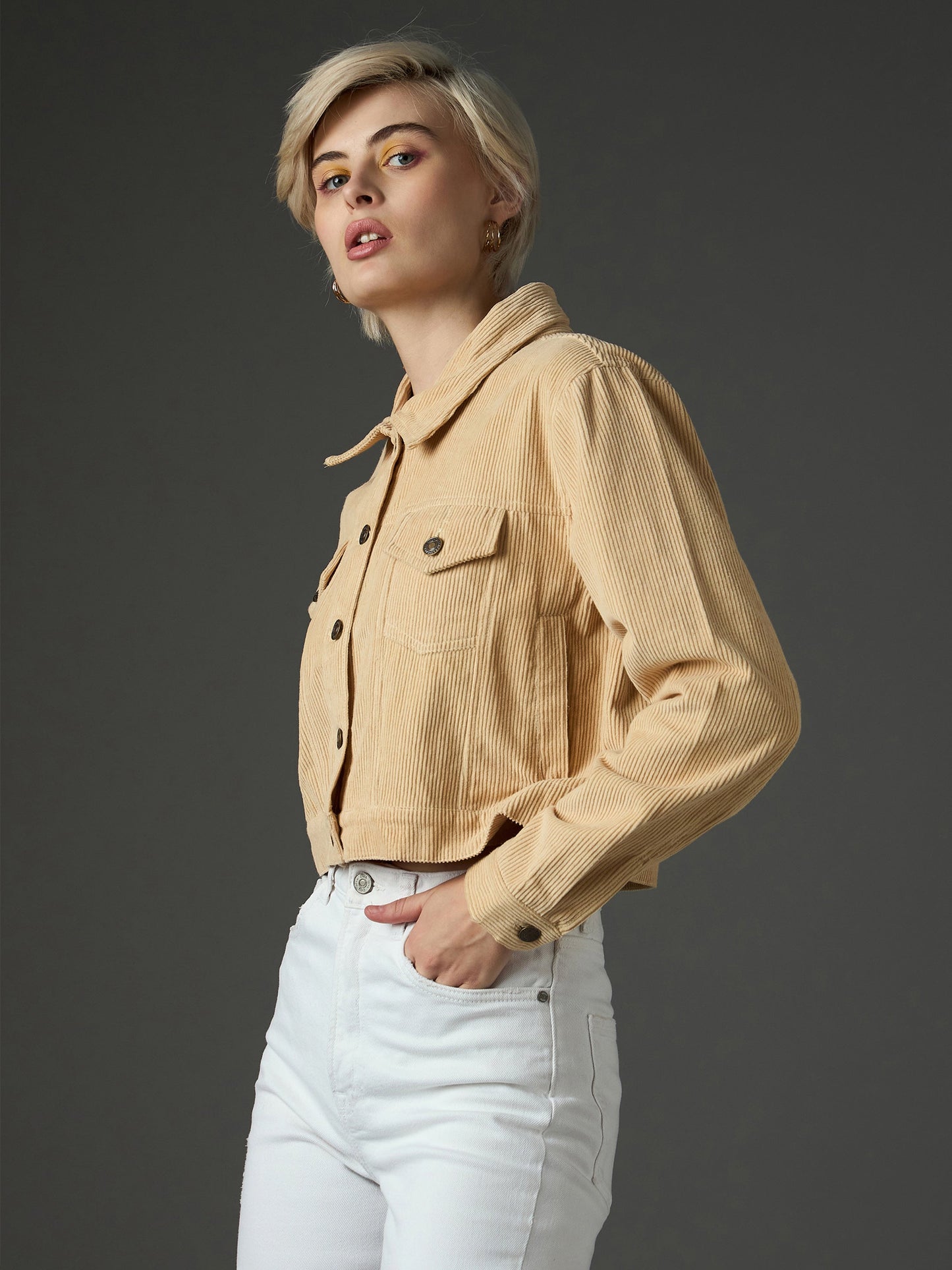 Women Light Beige Corduroy Boxy Crop Jacket