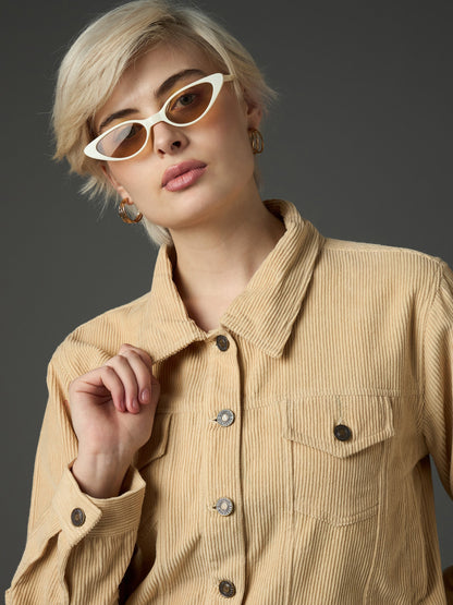 Women Light Beige Corduroy Boxy Crop Jacket