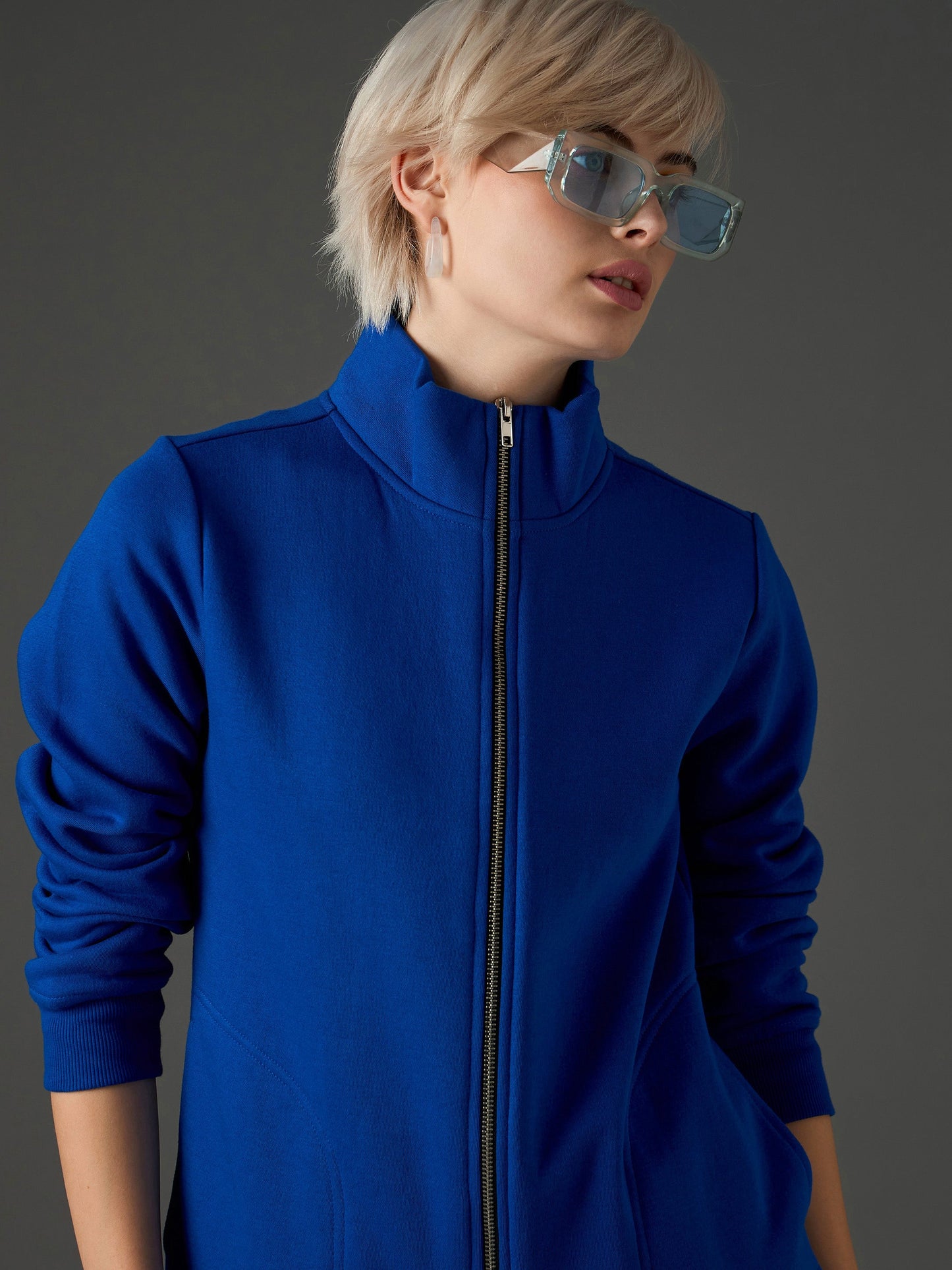 Women Royal Blue Fleece Front Zipper Jacket