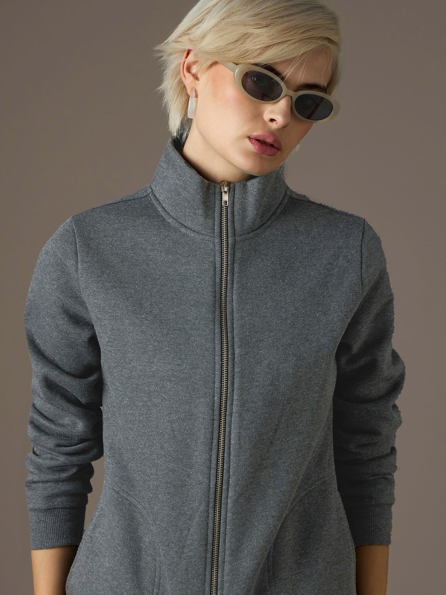 Women Dark Grey Fleece Front Zipper Jacket