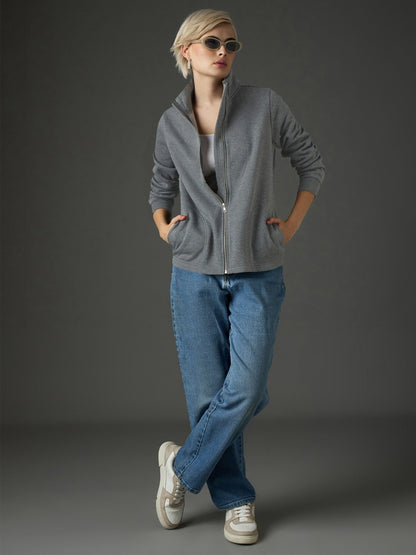 Women Dark Grey Fleece Front Zipper Jacket