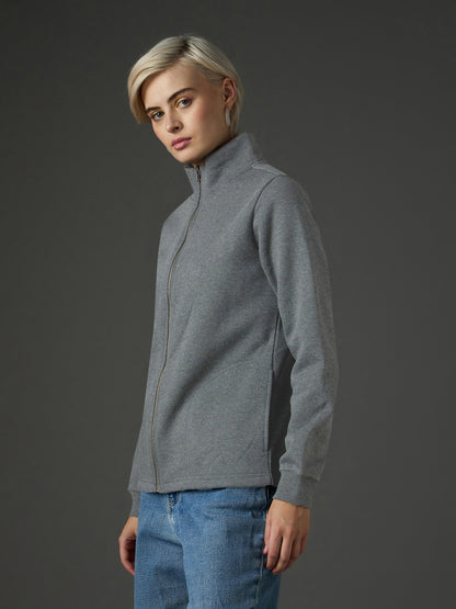 Women Dark Grey Fleece Front Zipper Jacket