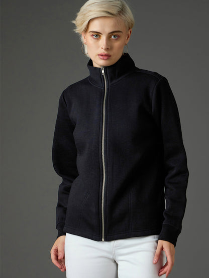 Women Black Fleece Front Zipper Jacket