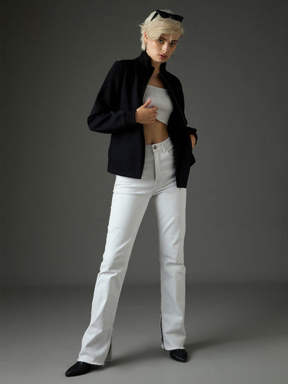 Women Black Fleece Front Zipper Jacket