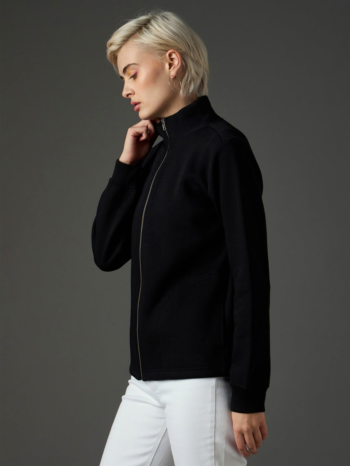 Women Black Fleece Front Zipper Jacket