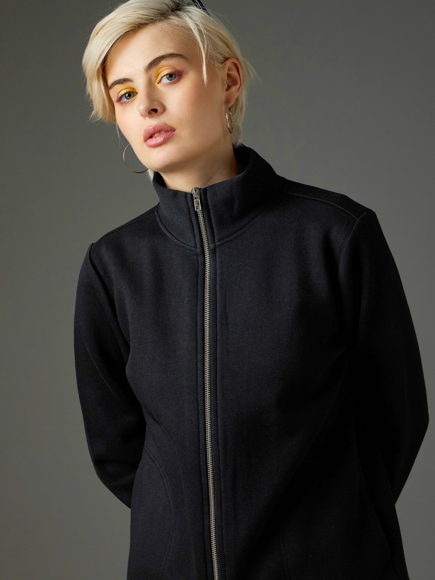 Women Black Fleece Front Zipper Jacket