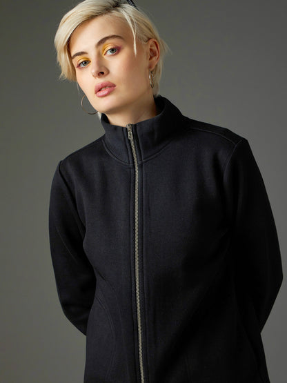 Women Black Fleece Front Zipper Jacket