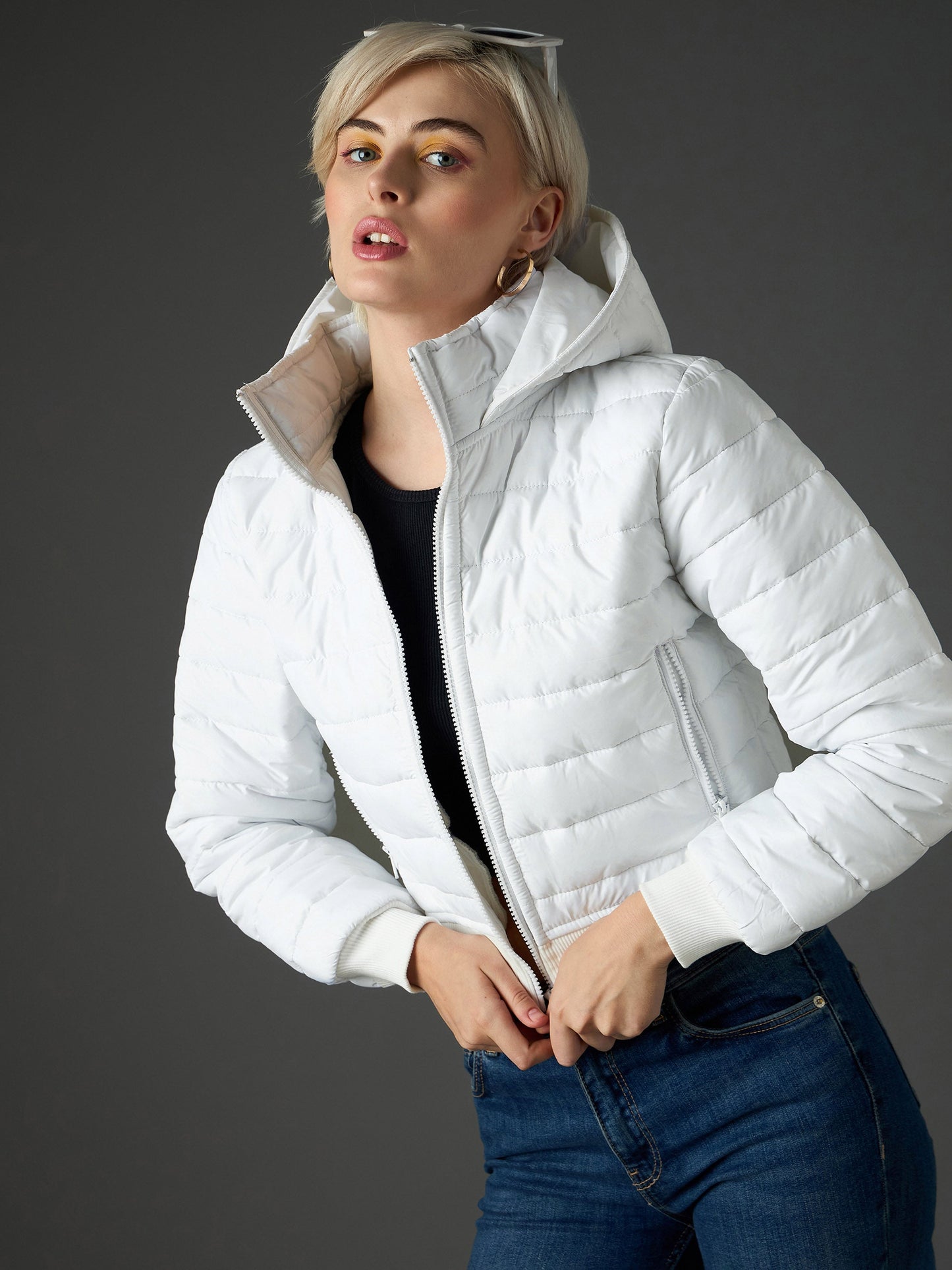 Women White Hooded Crop Bomber Puffer Jacket