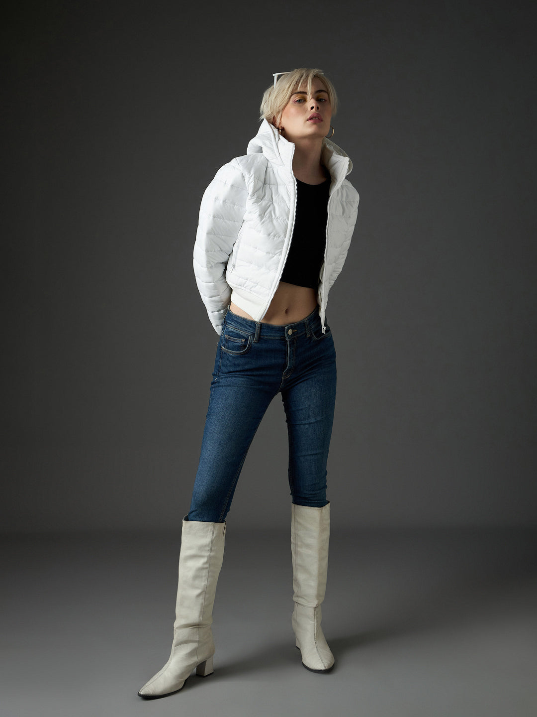 Women White Hooded Crop Bomber Puffer Jacket