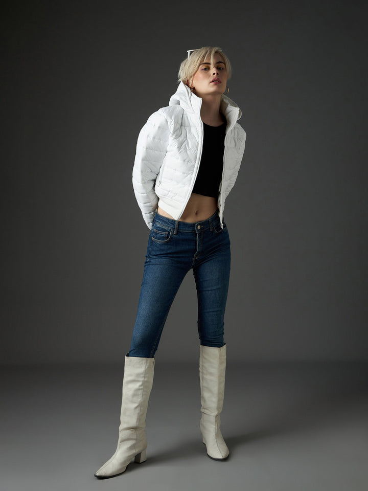 Women White Hooded Crop Bomber Puffer Jacket