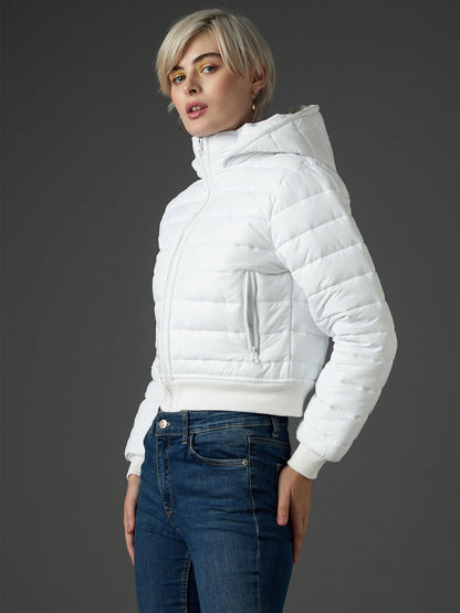 Women White Hooded Crop Bomber Puffer Jacket