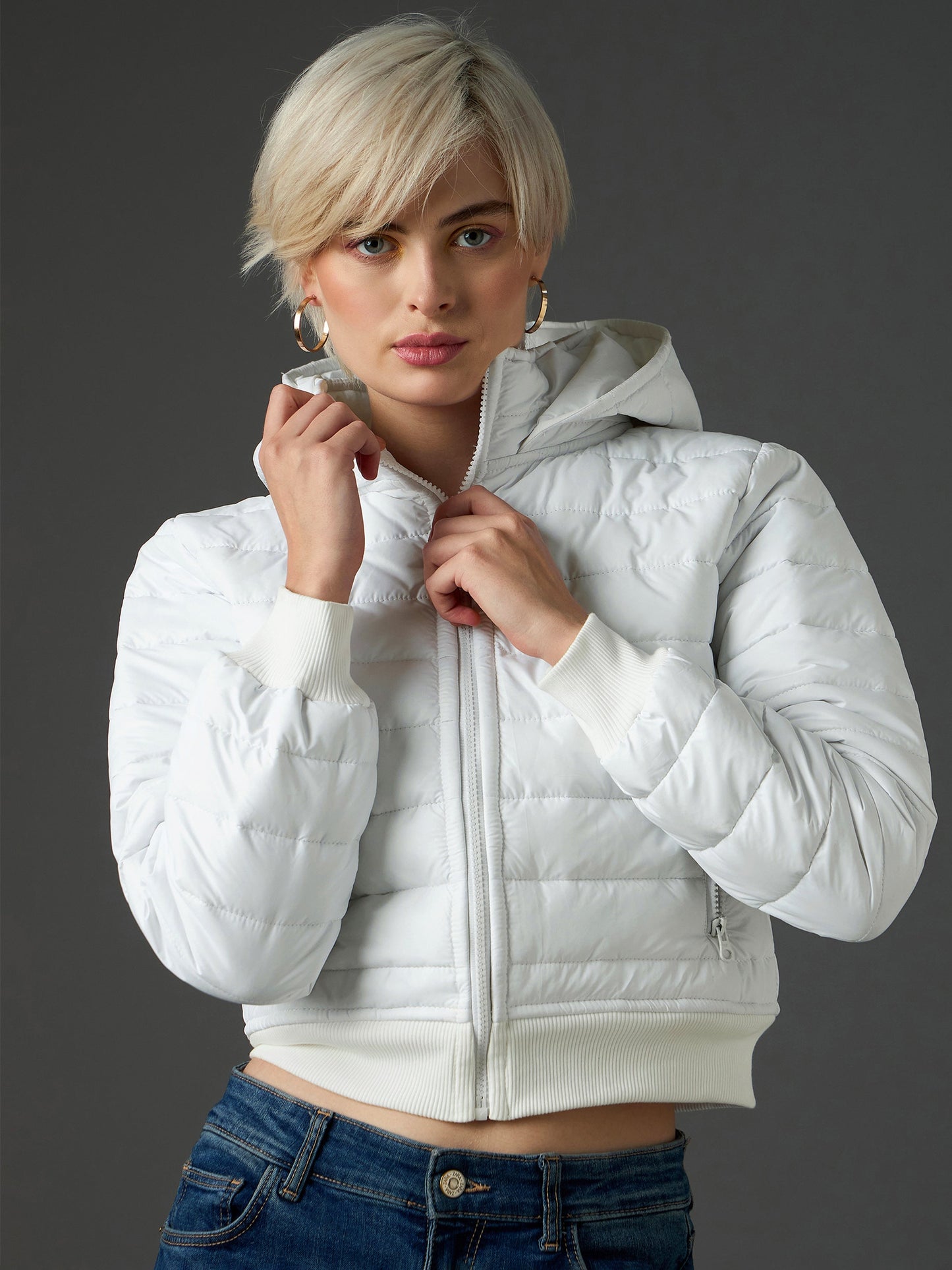 Women White Hooded Crop Bomber Puffer Jacket