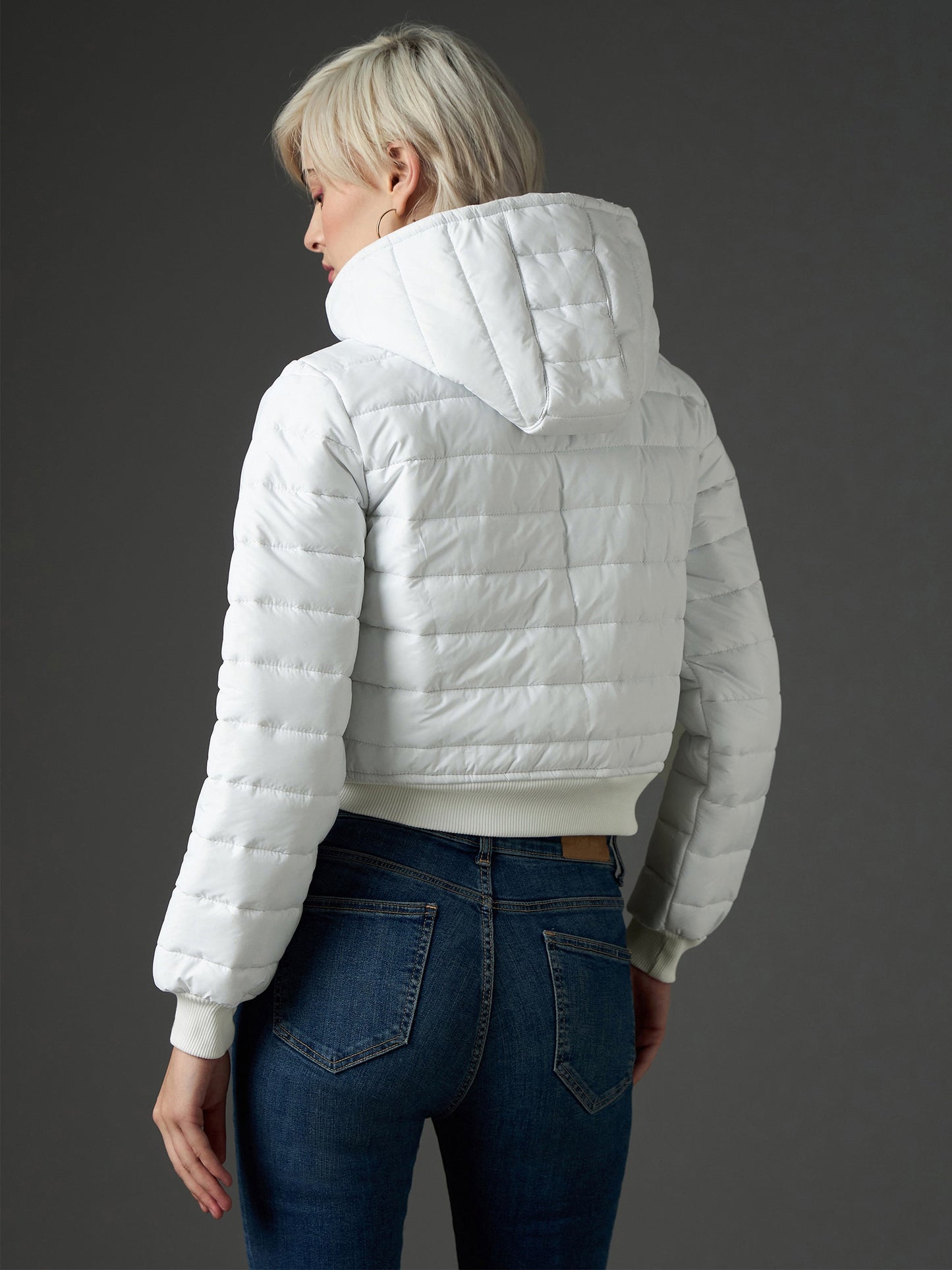 Women White Hooded Crop Bomber Puffer Jacket