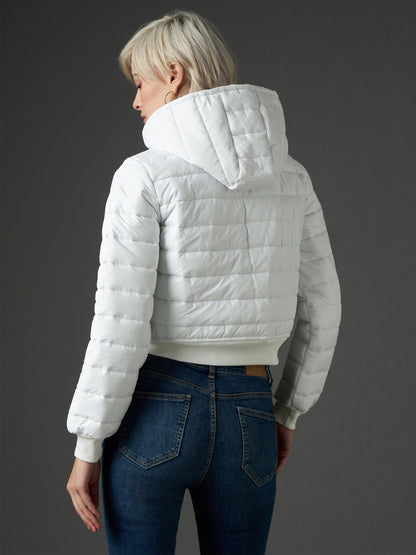 Women White Hooded Crop Bomber Puffer Jacket