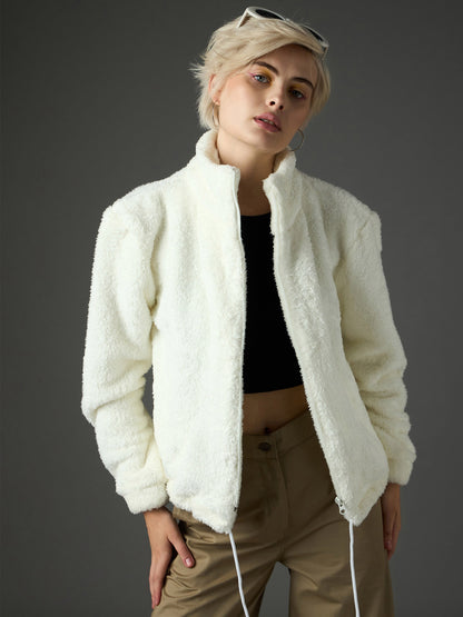 Women White Drawstring Faux Fur Jacket