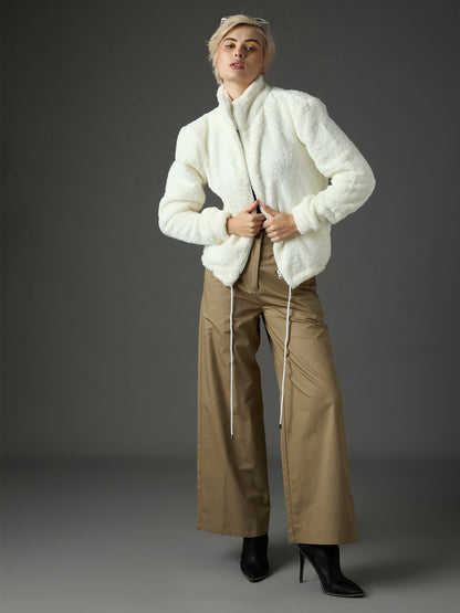 Women White Drawstring Faux Fur Jacket