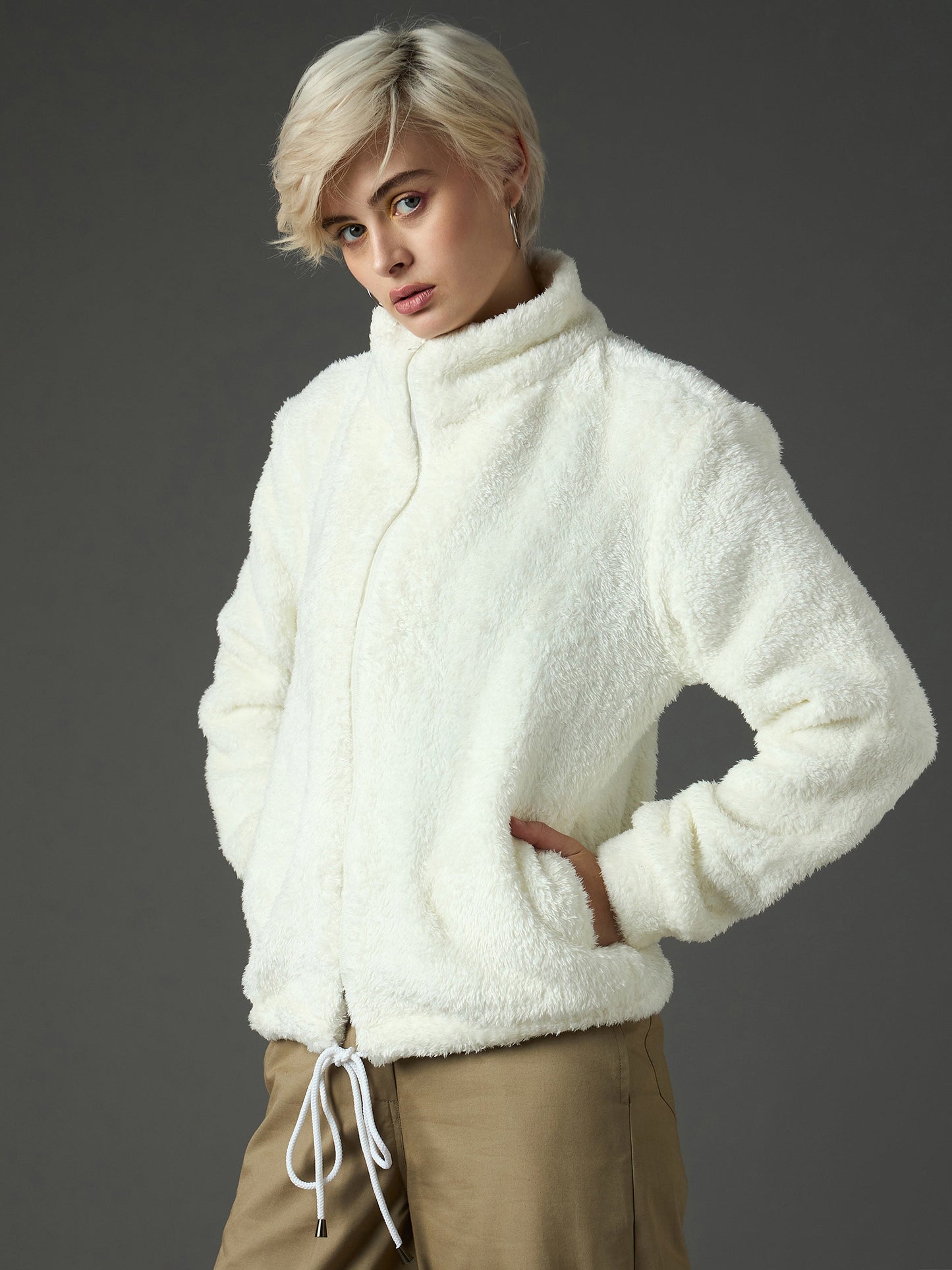 Women White Drawstring Faux Fur Jacket