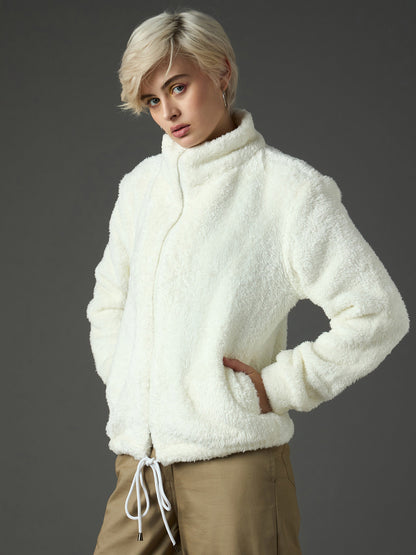 Women White Drawstring Faux Fur Jacket