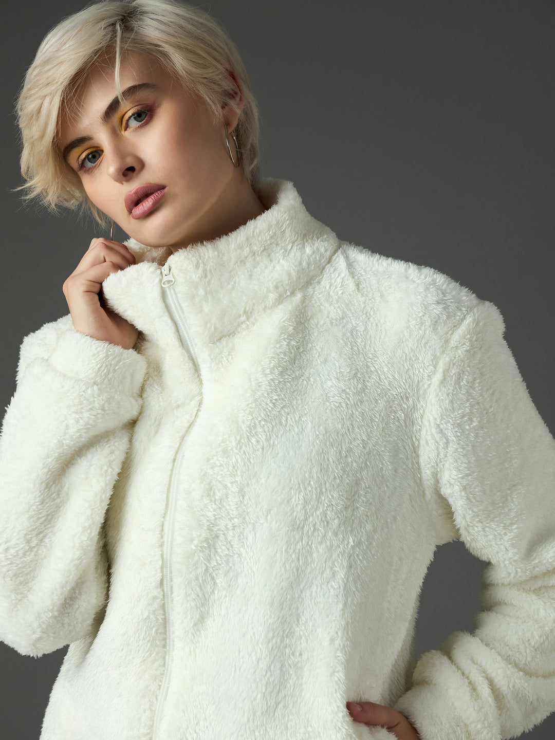 Women White Drawstring Faux Fur Jacket