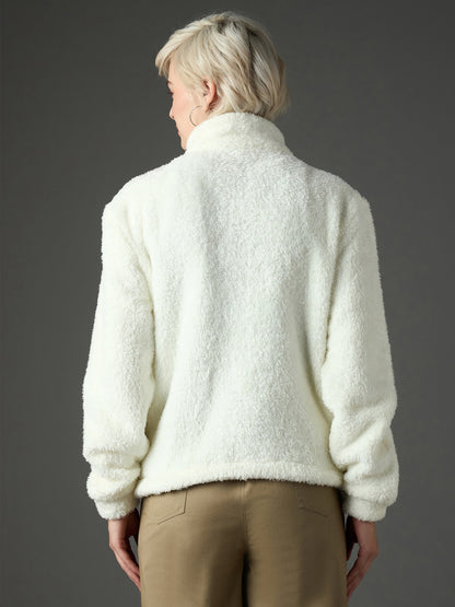 Women White Drawstring Faux Fur Jacket