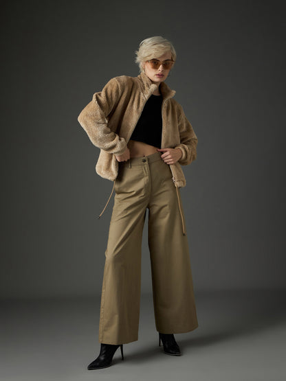 Women Beige Drawstring Faux Fur Jacket