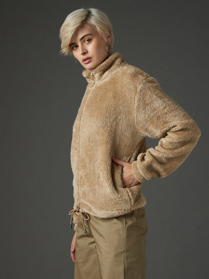 Women Beige Drawstring Faux Fur Jacket