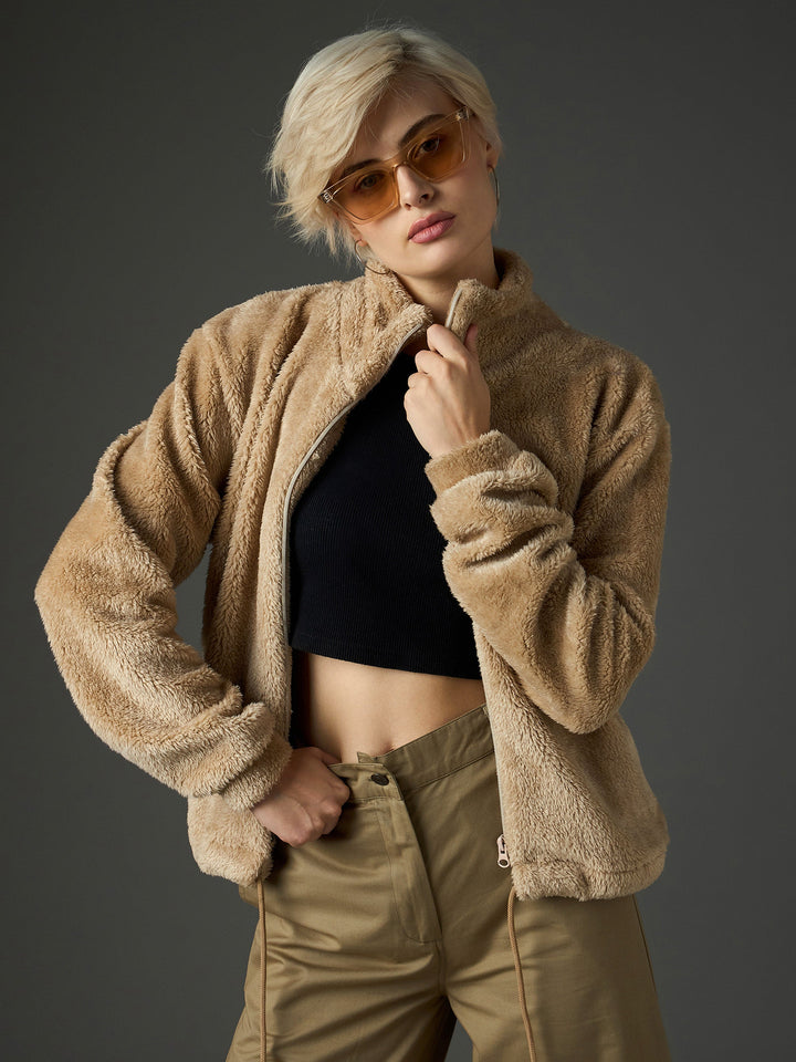 Women Beige Drawstring Faux Fur Jacket