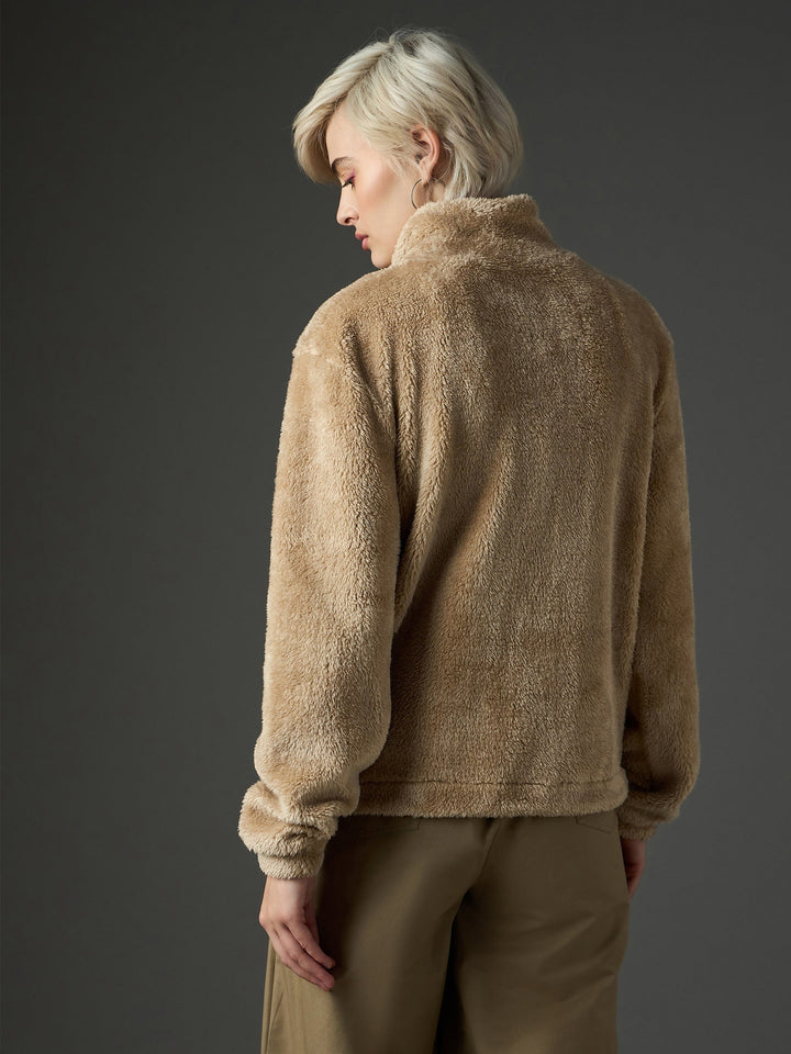 Women Beige Drawstring Faux Fur Jacket