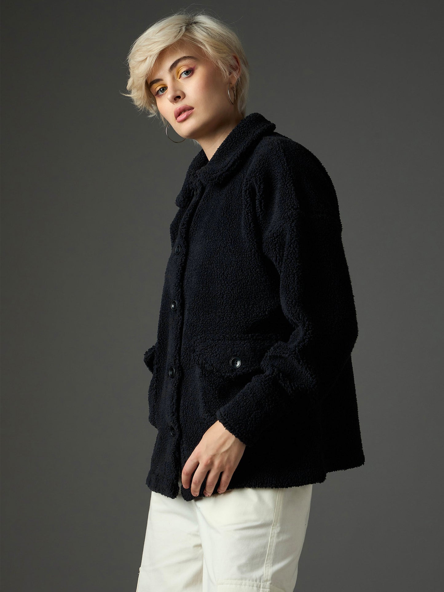 Women Black Faux Fur Oversized Jacket