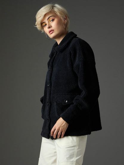 Women Black Faux Fur Oversized Jacket