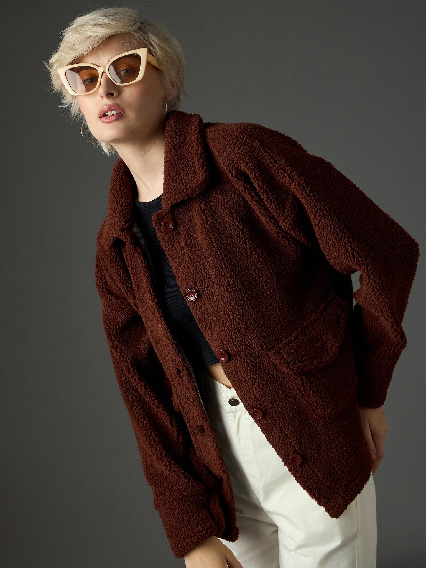 Women Brown Faux Fur Oversized Jacket