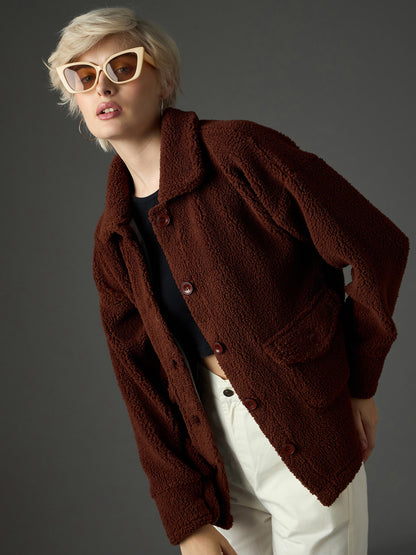 Women Brown Faux Fur Oversized Jacket