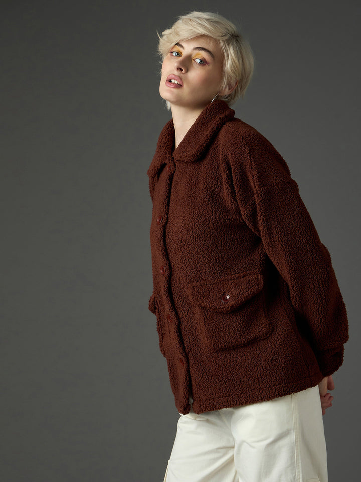 Women Brown Faux Fur Oversized Jacket