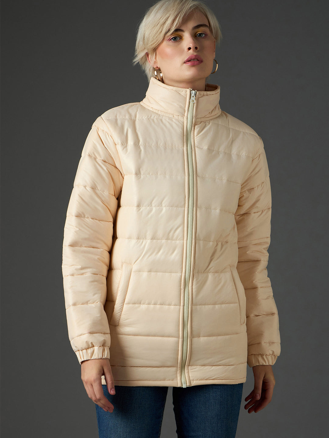 Women's Women Peach High Neck Horizontal Quilt Puffer Jacket in Polyester by Sassafras for wholesale, bulk, supplier, manufacturer and wholesaler buyers from Trendphoria