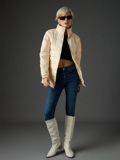 Women Peach High Neck Horizontal Quilt Puffer Jacket