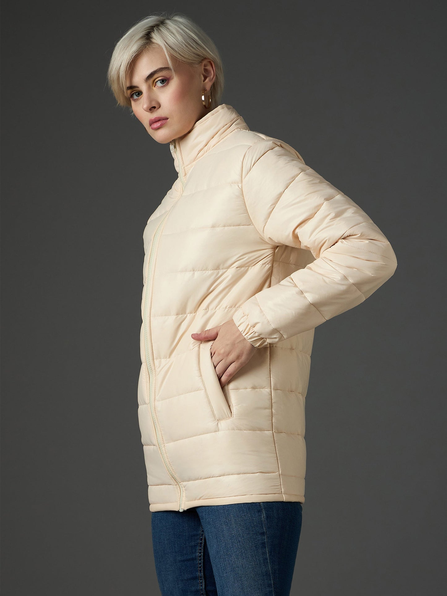 Women Peach High Neck Horizontal Quilt Puffer Jacket