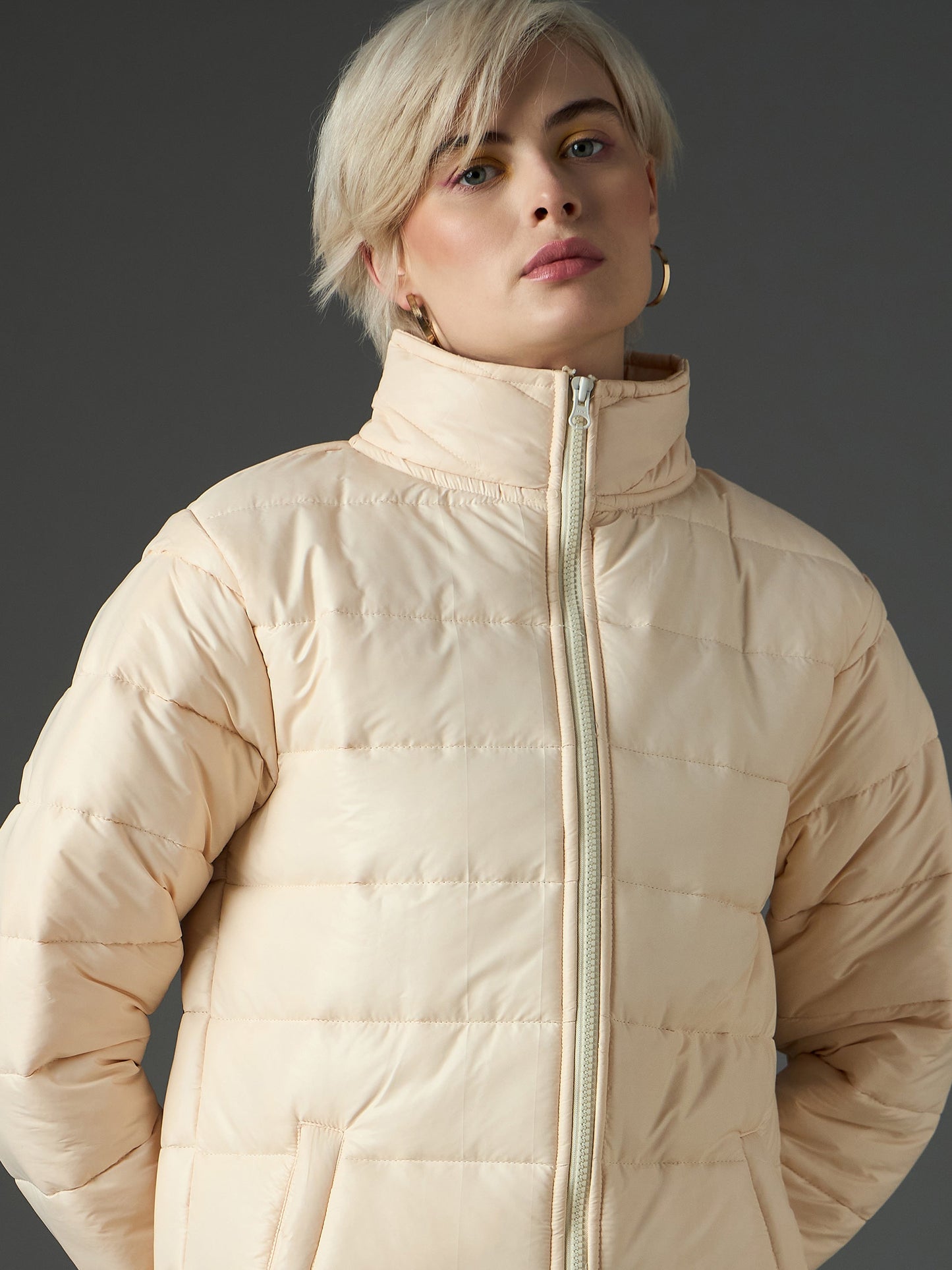 Women Peach High Neck Horizontal Quilt Puffer Jacket